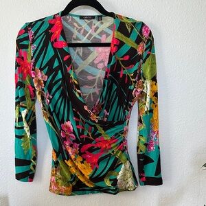 Carlisle Floral Wrap Front Long Sleeve Top Medium Multicolor